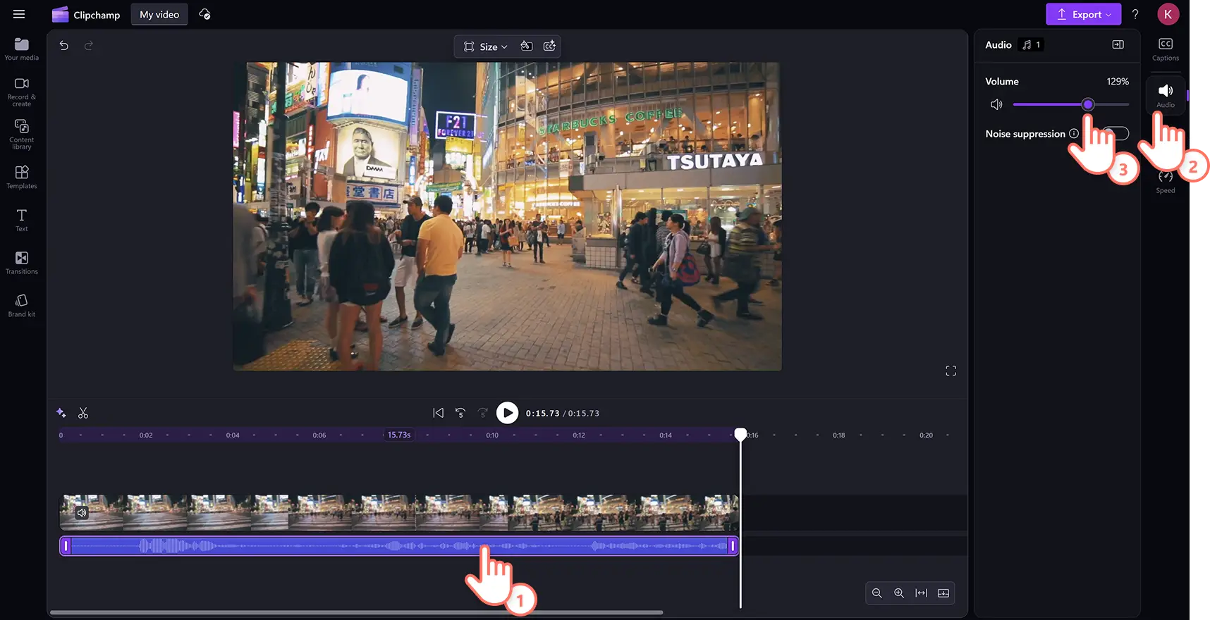 Usuário aumentando o volume de um arquivo MP3 usando o amplificador de volume no editor de vídeo Clipchamp.