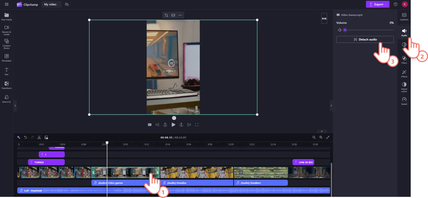 A screenshot of a Clipchamp user detaching audio from a video clip.