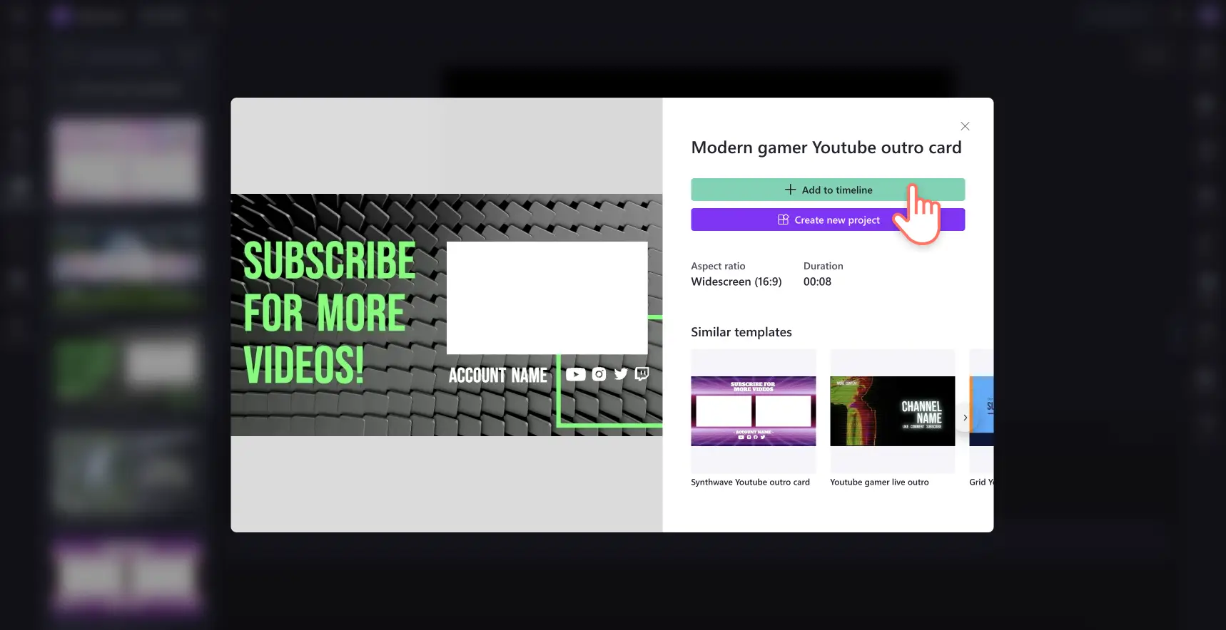 Un utilisateur prévisualise un modèle de vidéo YouTube dans Microsoft Clipchamp