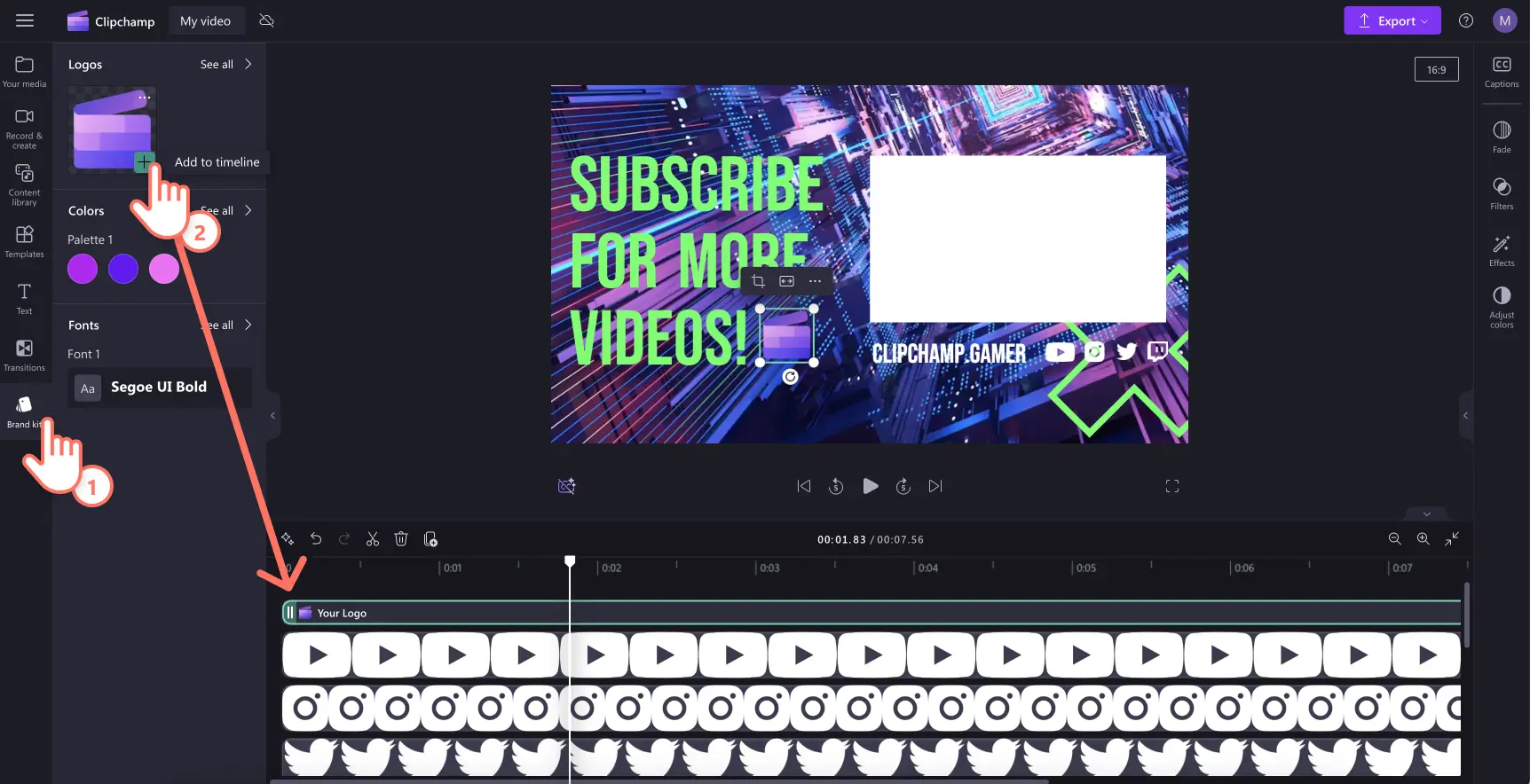 Image d'un utilisateur ajoutant le logo de sa marque à une vidéo dans Microsoft Clipchamp