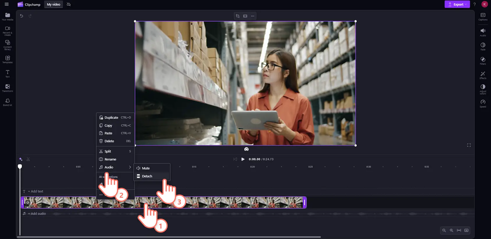 A user right-clicking on the timeline video to detach audio in Clipchamp.