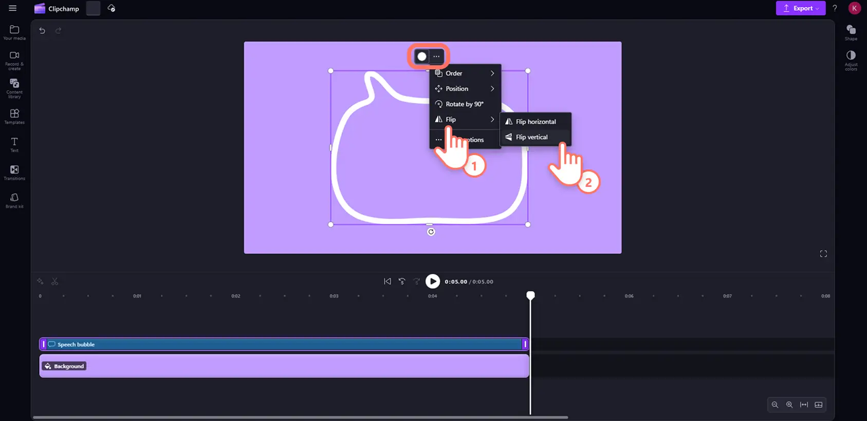A user flipping the orientation of a speech bubble shape in Clipchamp.