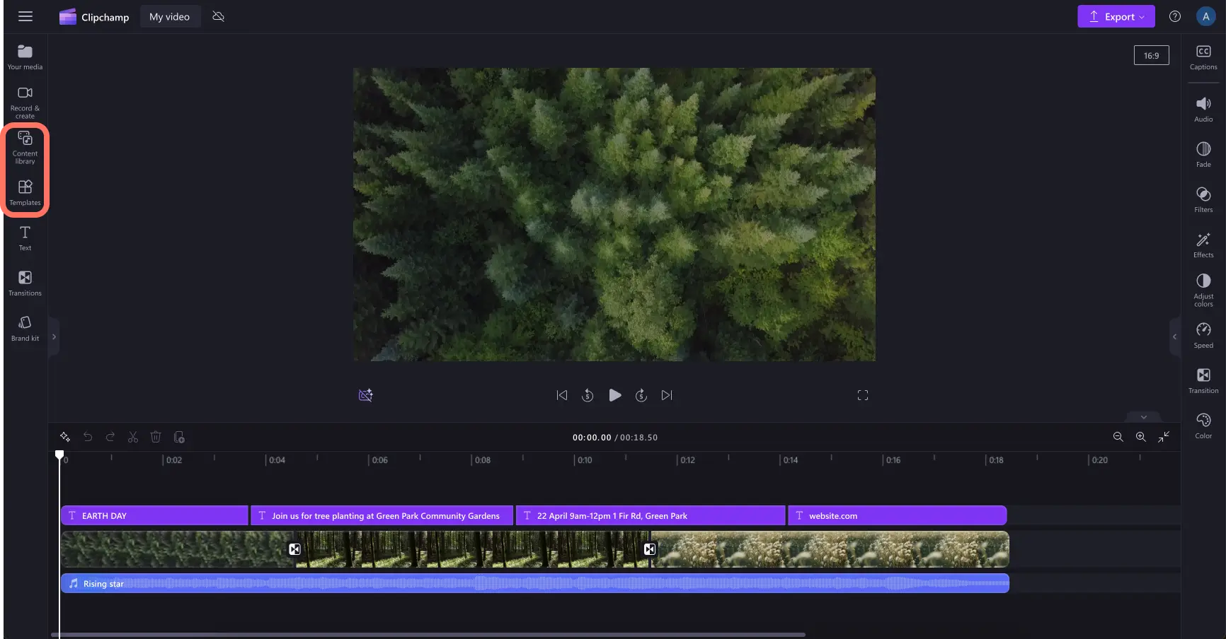 Clipchamp araç çubuğundaki içerik kitaplığı ve şablon sekmelerini gösteren görüntü.
