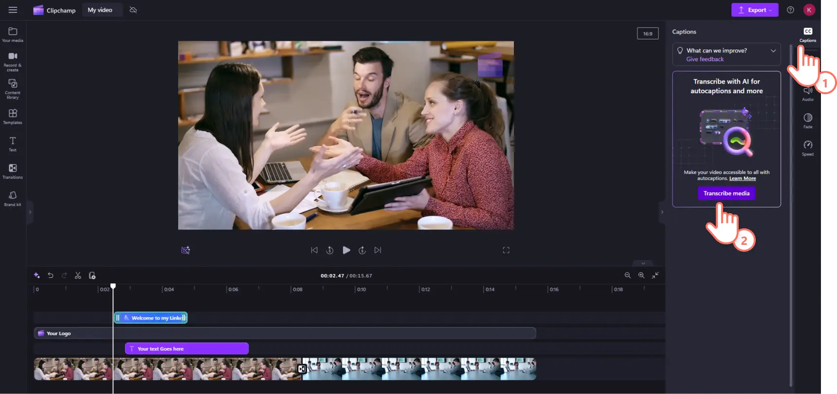 Alt yazı oluşturmak için medya dökümü oluştur düğmesine tıklayan bir Clipchamp kullanıcısının resmi.