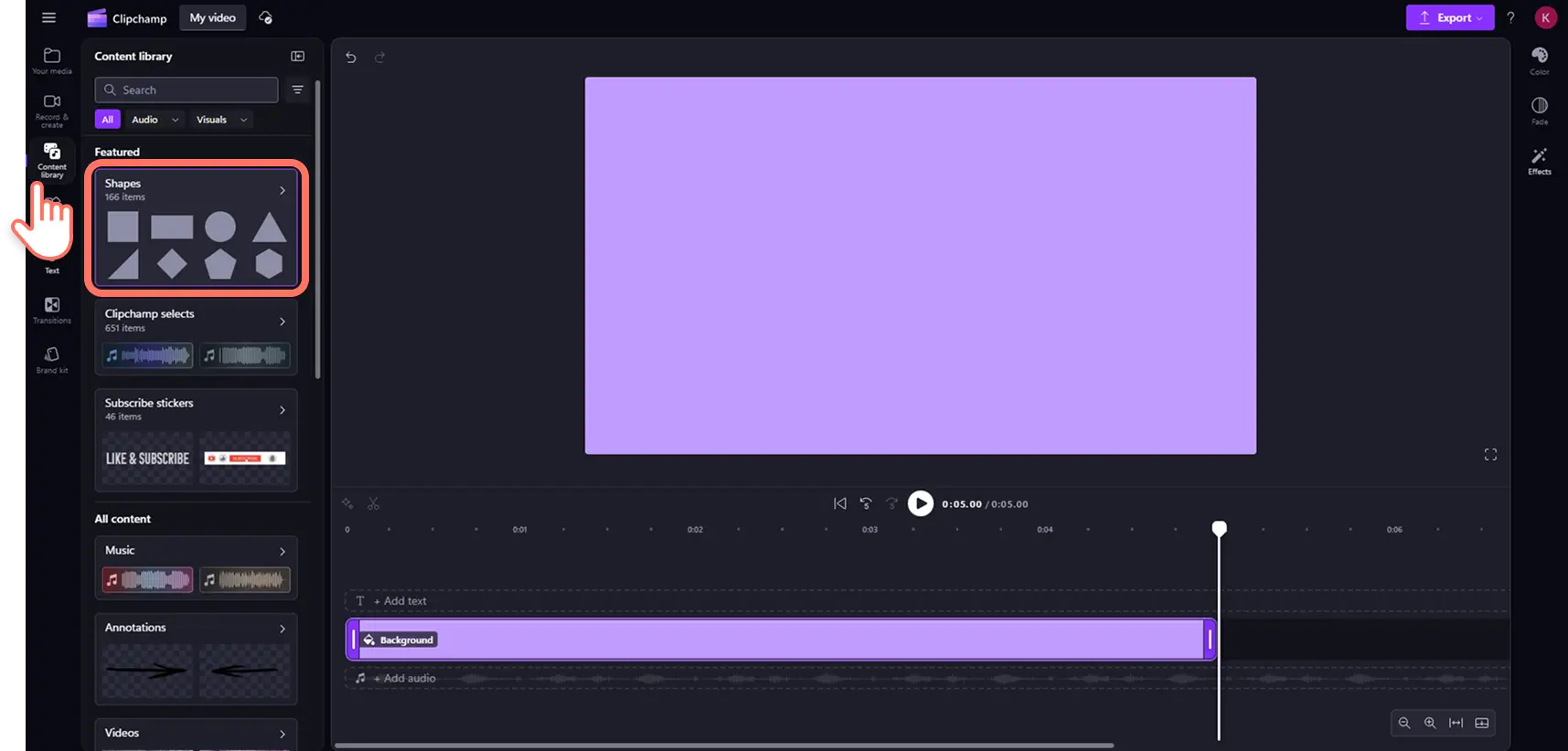 A user accessing the vector shapes collection inside the content library in Clipchamp.