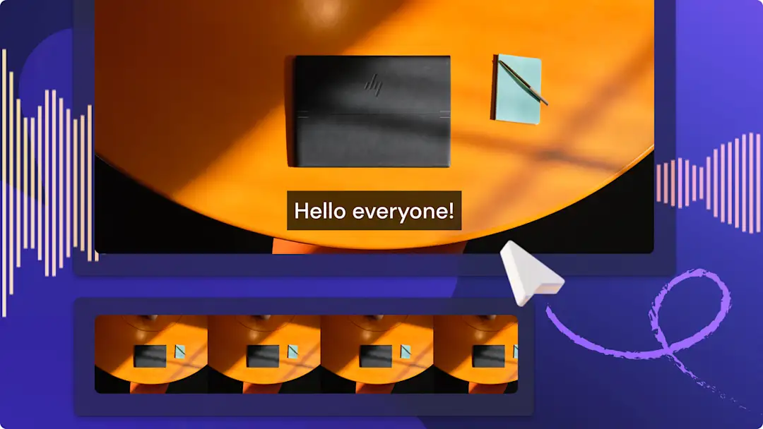 An image of a video with subtitles featuring no performer and an abstract image of a video editing timeline.