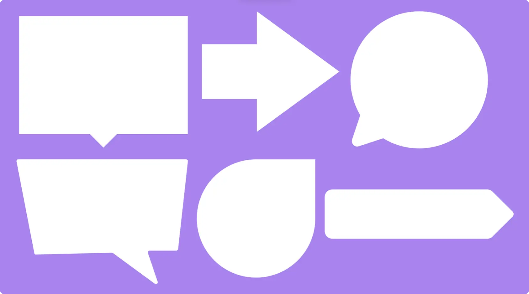 Six white arrow and speech bubble shapes on a purple background.