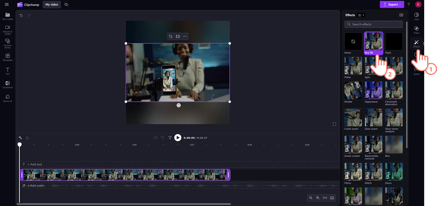 A user adding a blur fill effect to a letterboxed YouTube video in Clipchamp.