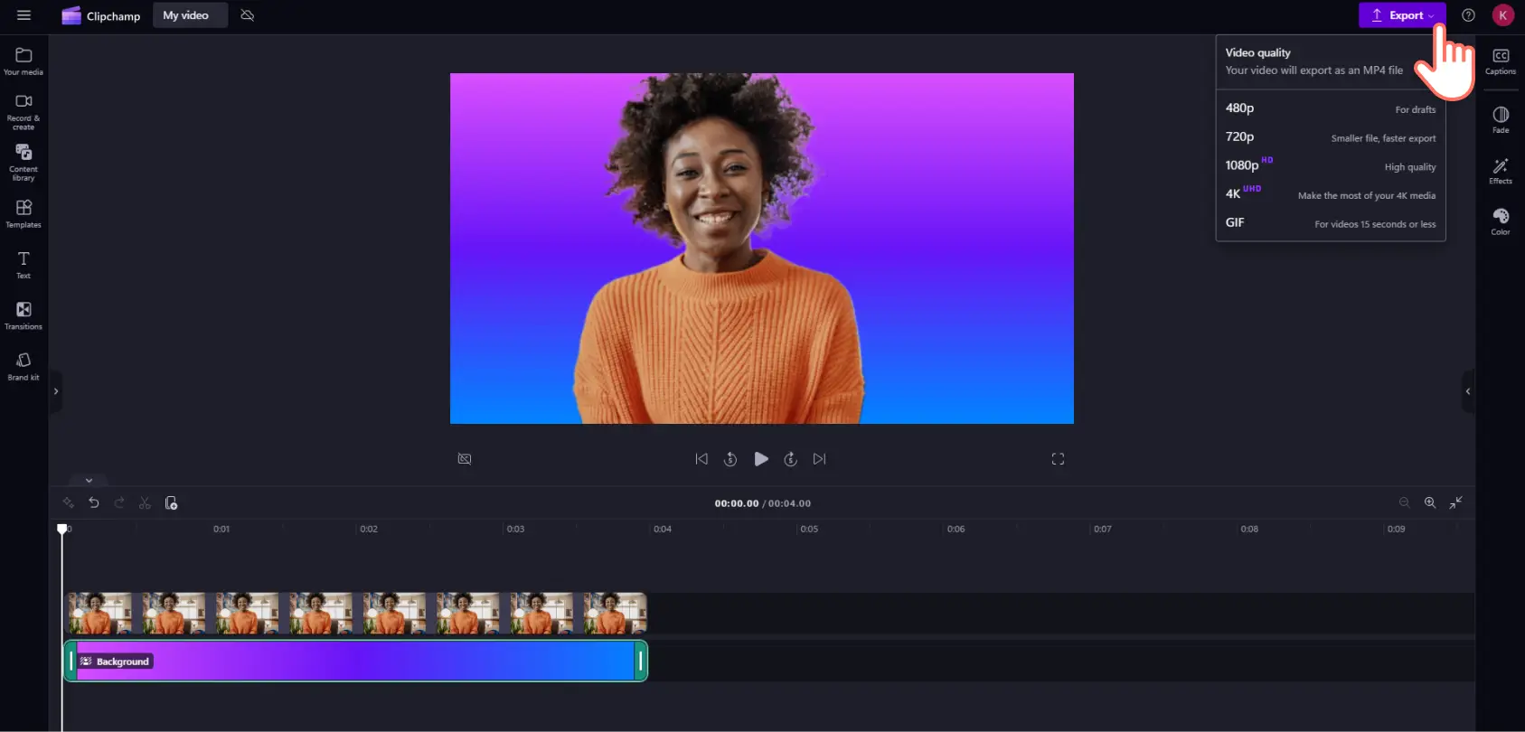 A user exporting their video with a gradient background in Clipchamp.