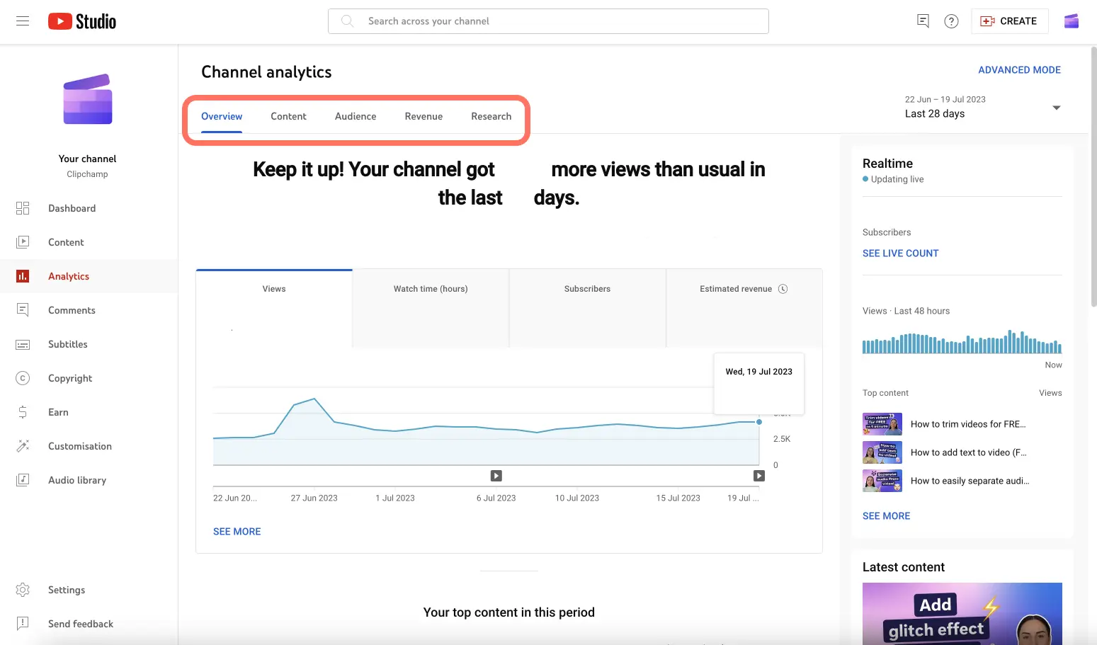 Obraz przedstawiający narzędzie Clipchamp YouTube Analytics. 