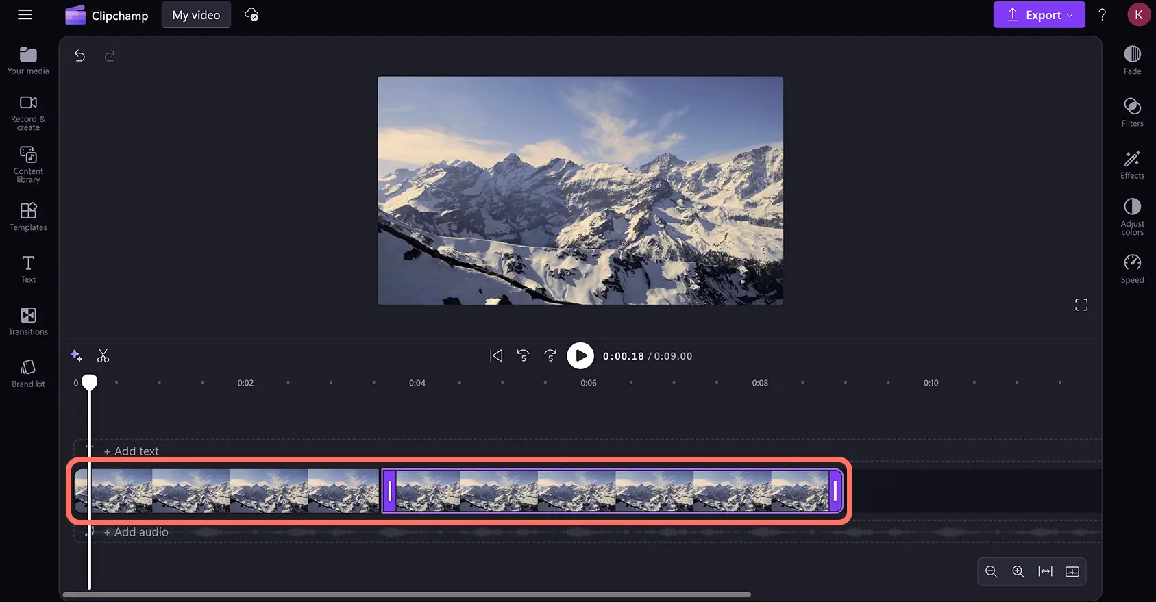 A video clip that has been split into two parts on the timeline in Clipchamp.