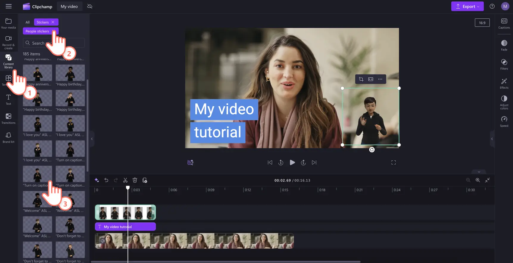 ユーザーが動画に ASL ステッカーを追加する様子の画像。