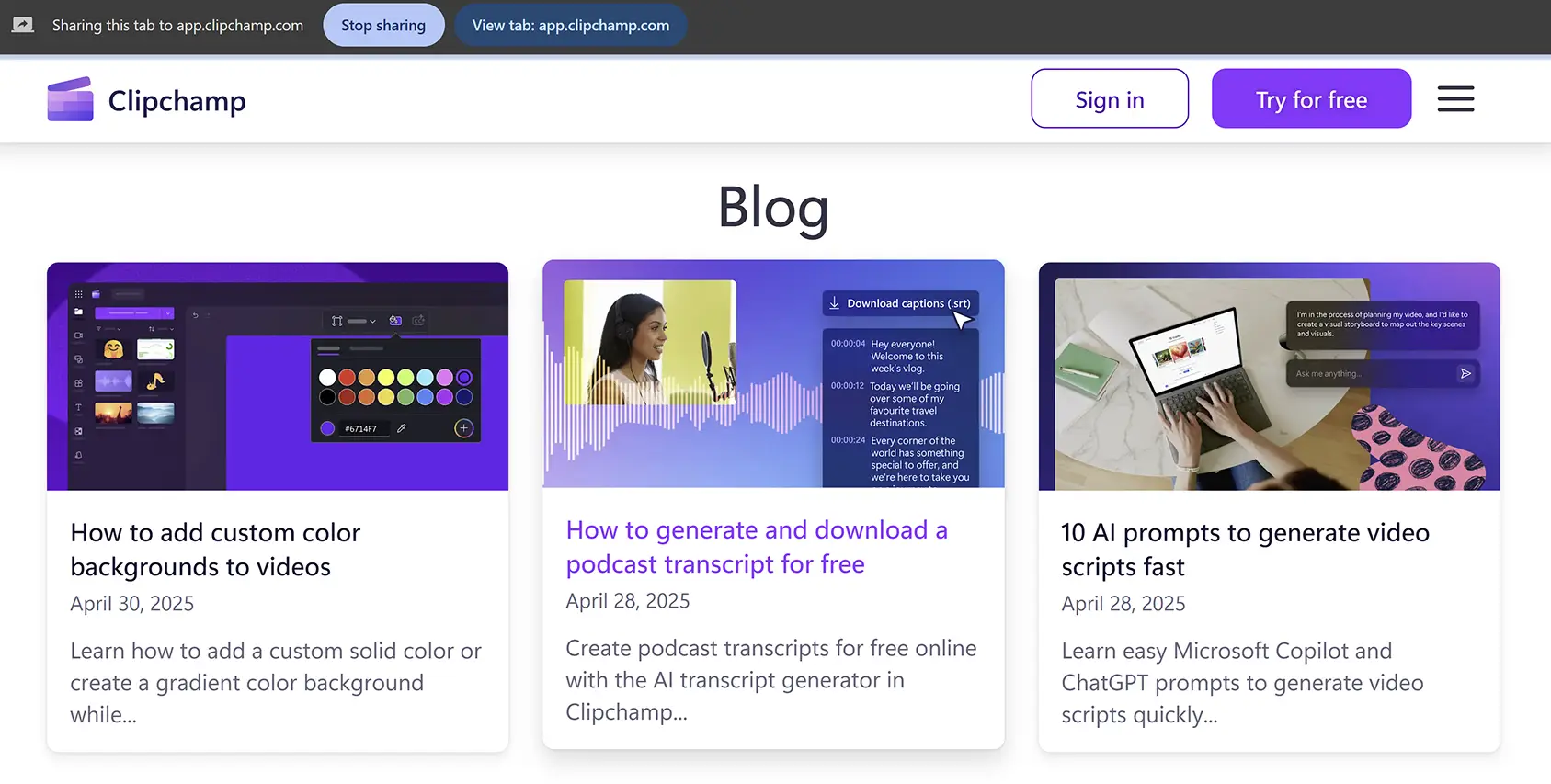 A user screen recording a Chrome tab using Clipchamp video editor.