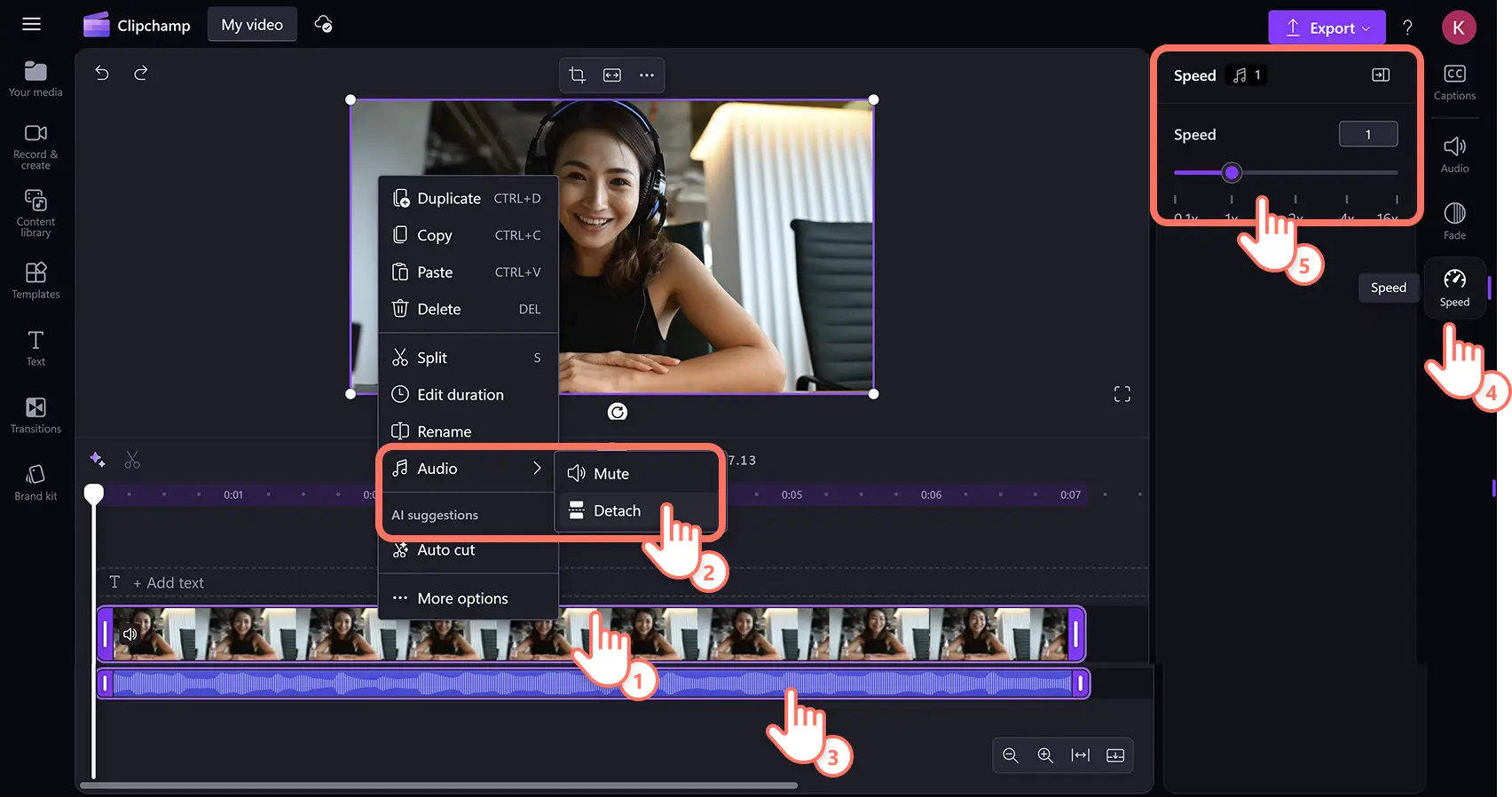 A user separating and slowing down audio of a video in Clipchamp video editor.