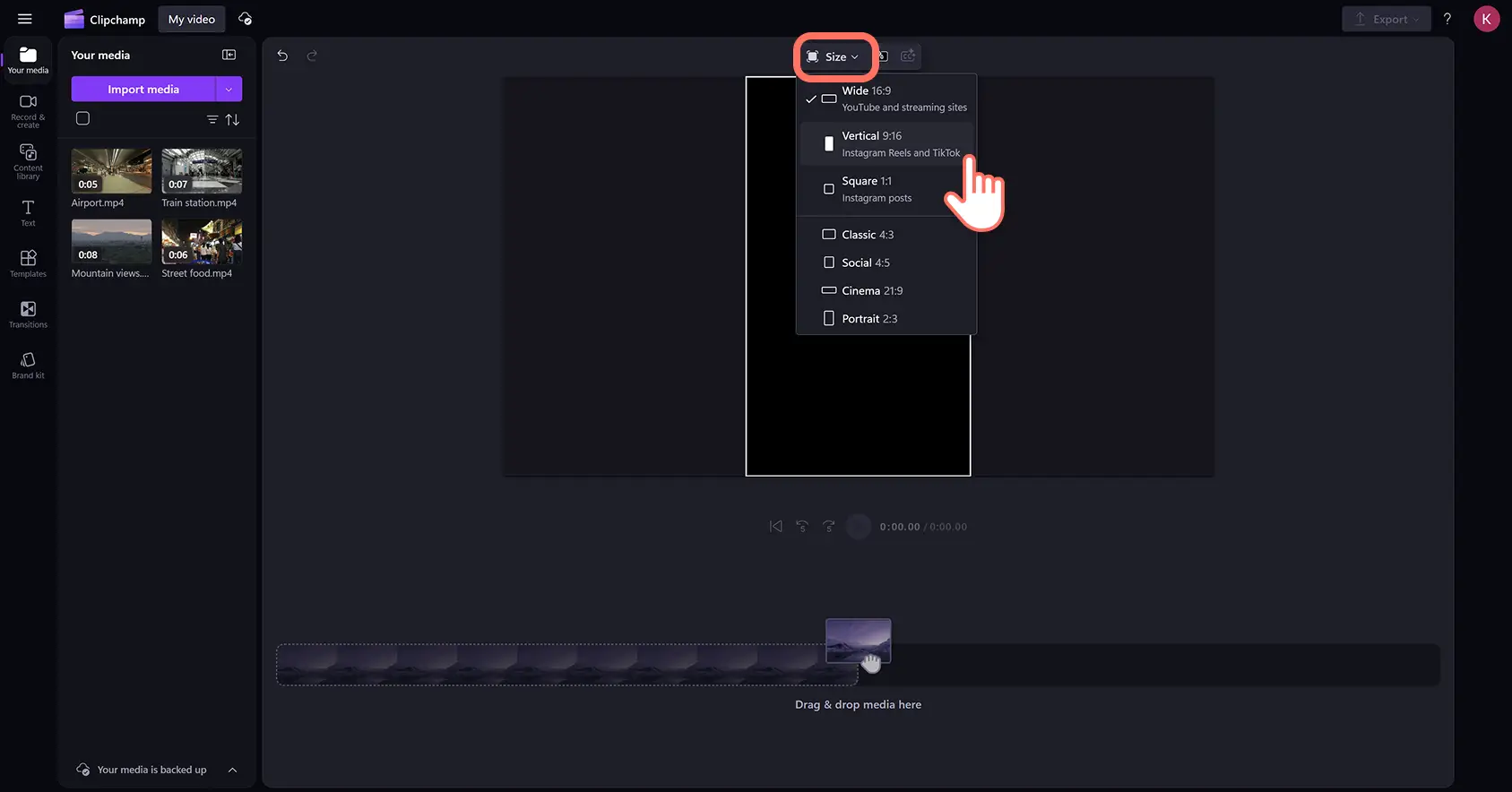 A user changing the aspect ratio of a travel highlight video in Clipchamp video editor.