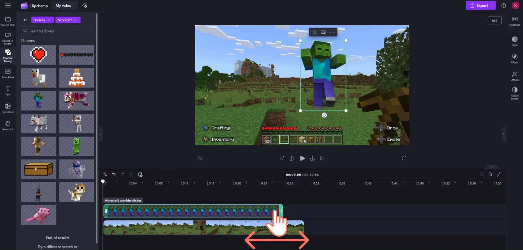 Hình ảnh người dùng Clipchamp thay đổi khoảng thời gian của nhãn dán Minecraft.