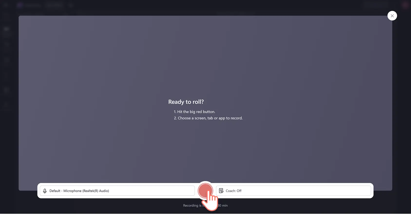 A user clicking on the screen recorder button in Clipchamp video editor.