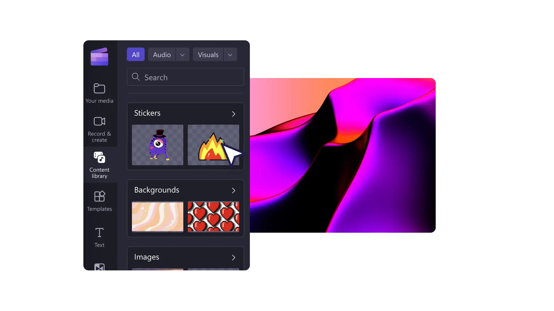 Select ‘stickers’ in the content library