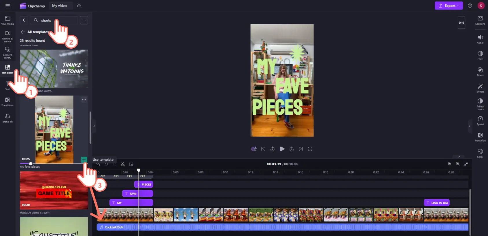 A screenshot of a Clipchamp user adding a mobile video template to the editing timeline.