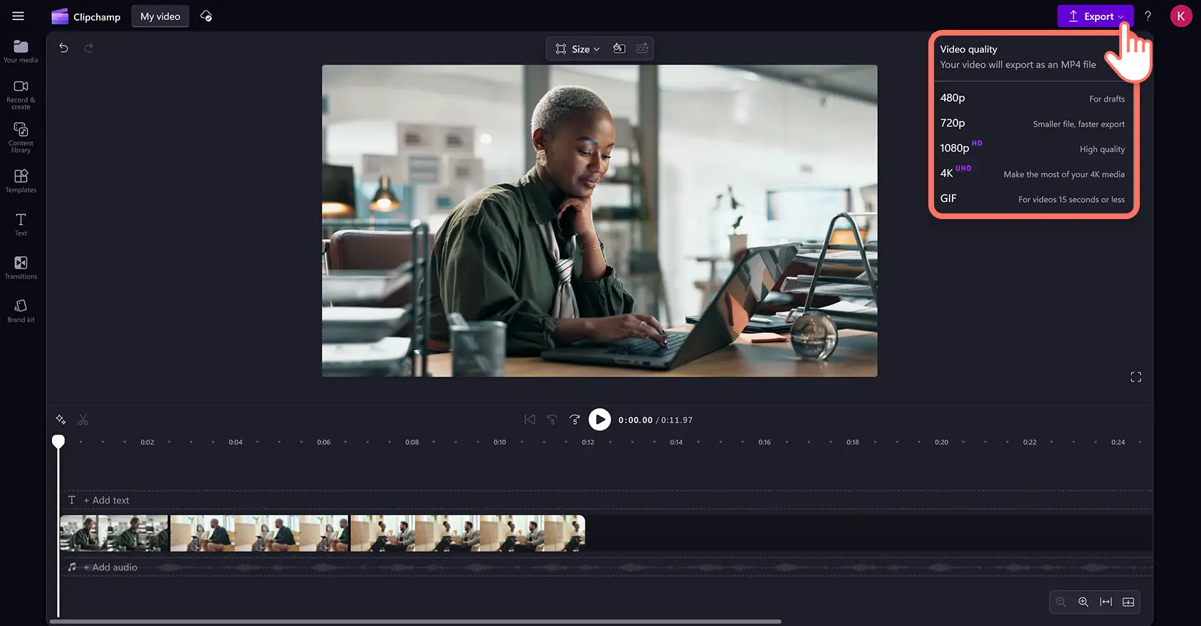 A user exporting a video in Clipchamp video editor.
