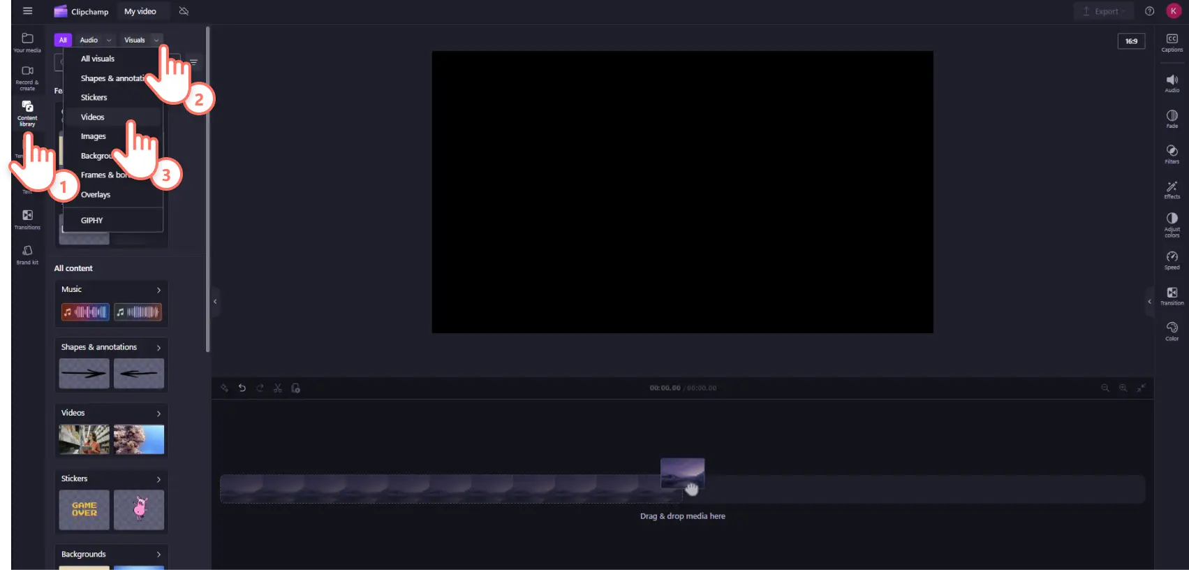 A user searching for royalty-free stock videos in Clipchamp.