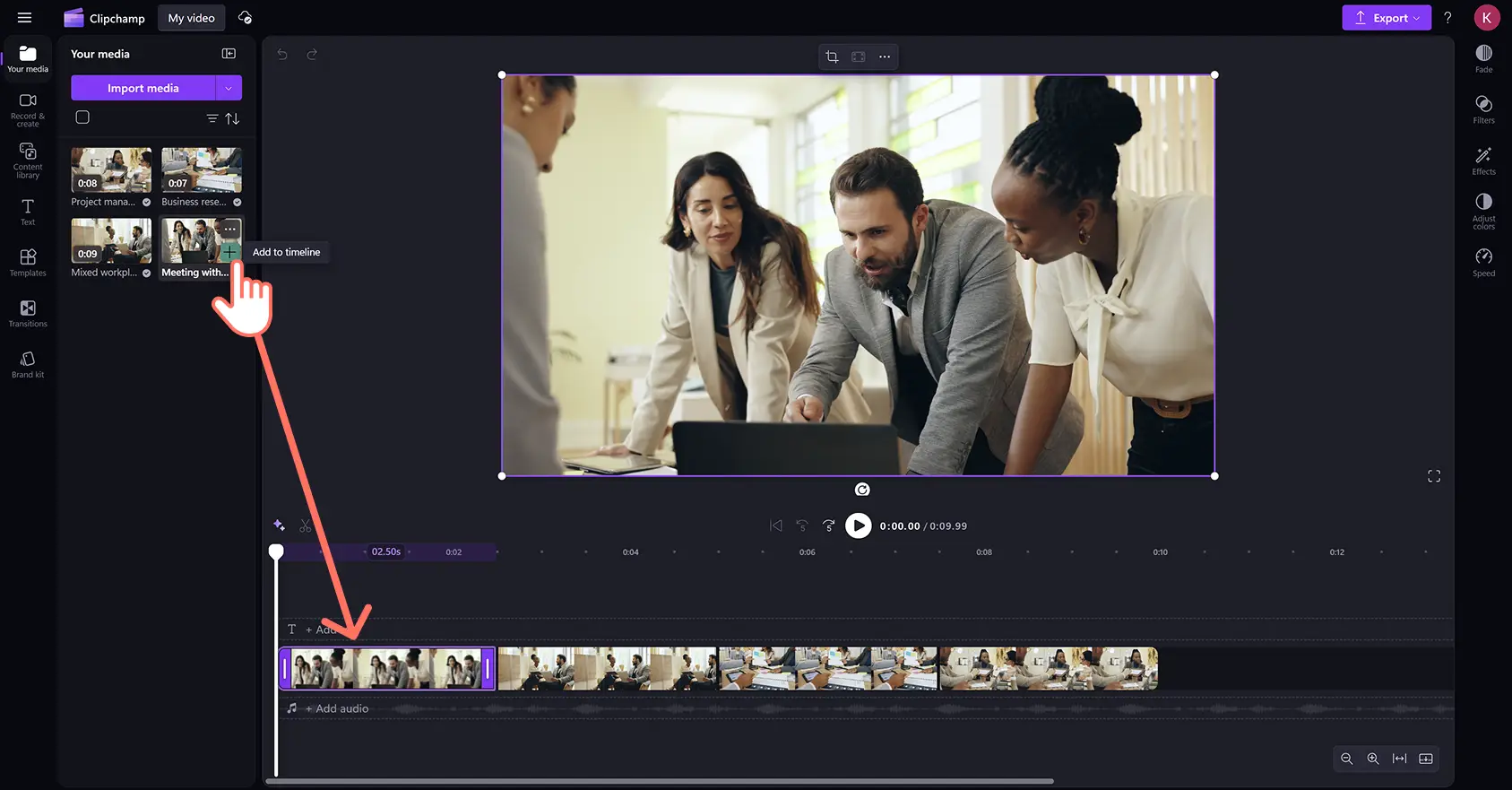 A user adding videos for a business video in Clipchamp video editor.