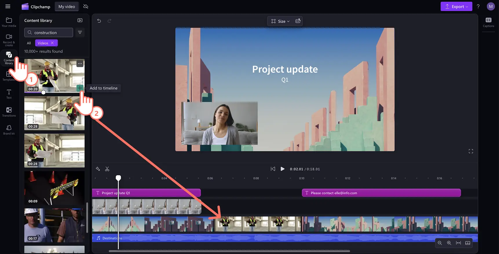 User adding stock video overlay in Clipchamp