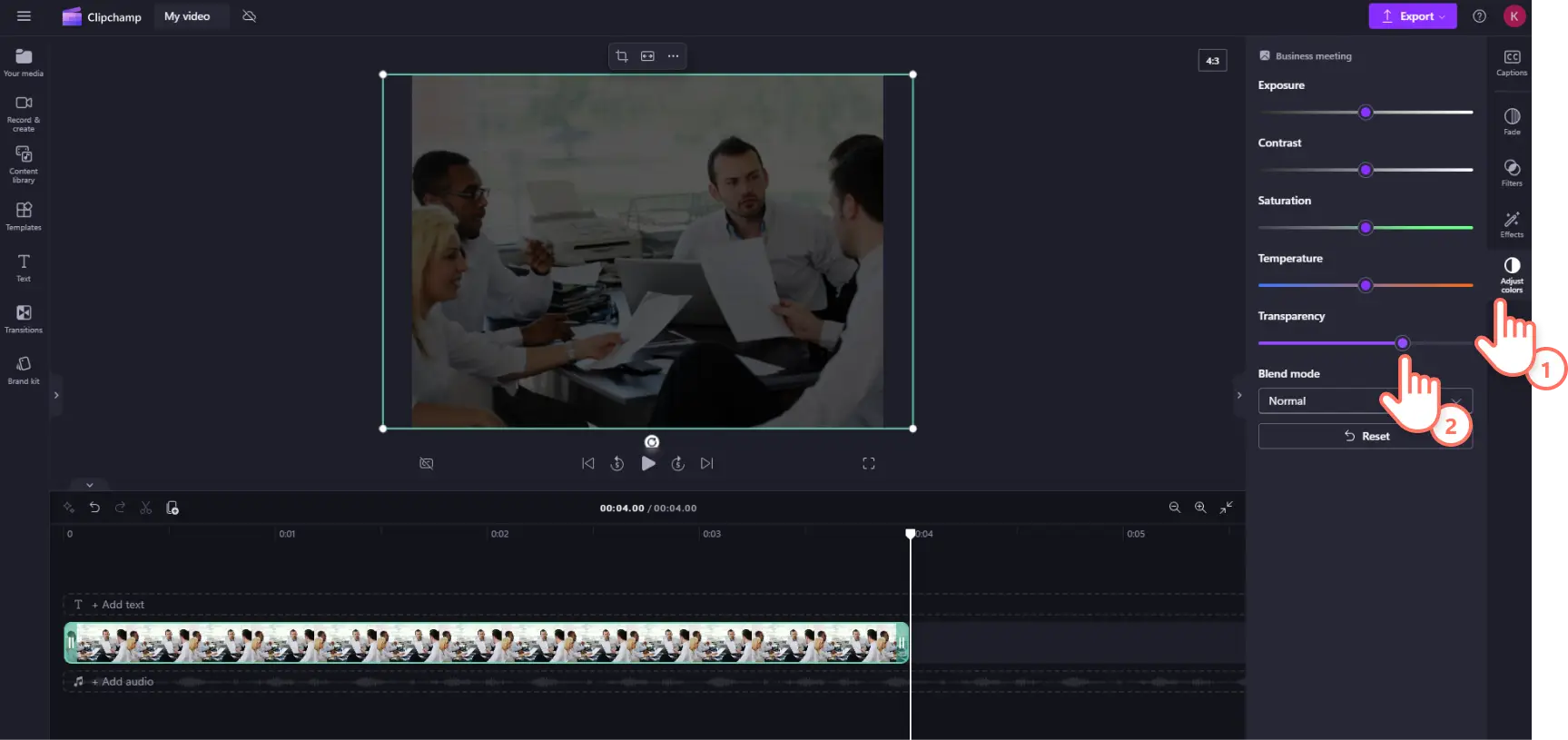 A user making an image transparent using the adjust colors tab on the property panel in Clipchamp.