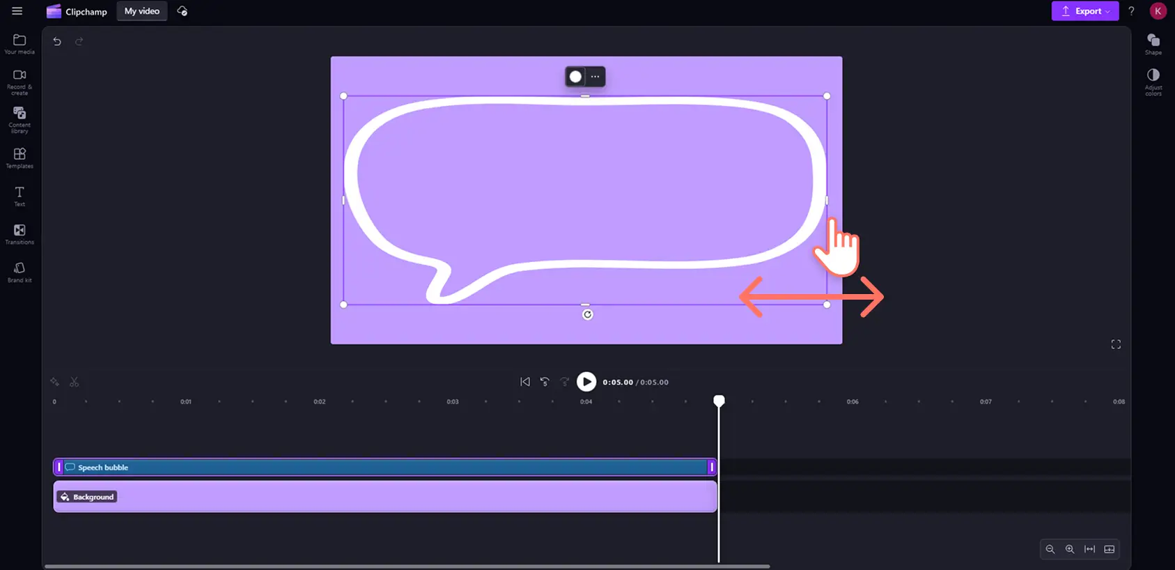 A user stretching a speech bubble shape in Clipchamp.