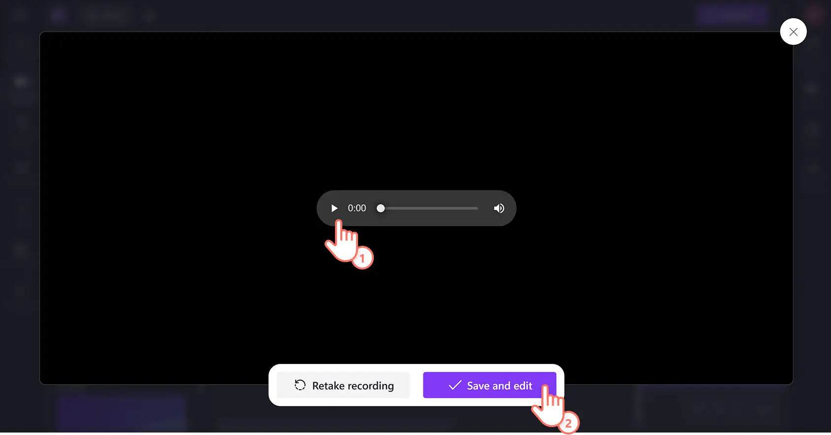 A user clicking on the save and exit button inside the online voice recorder in Clipchamp video editor.