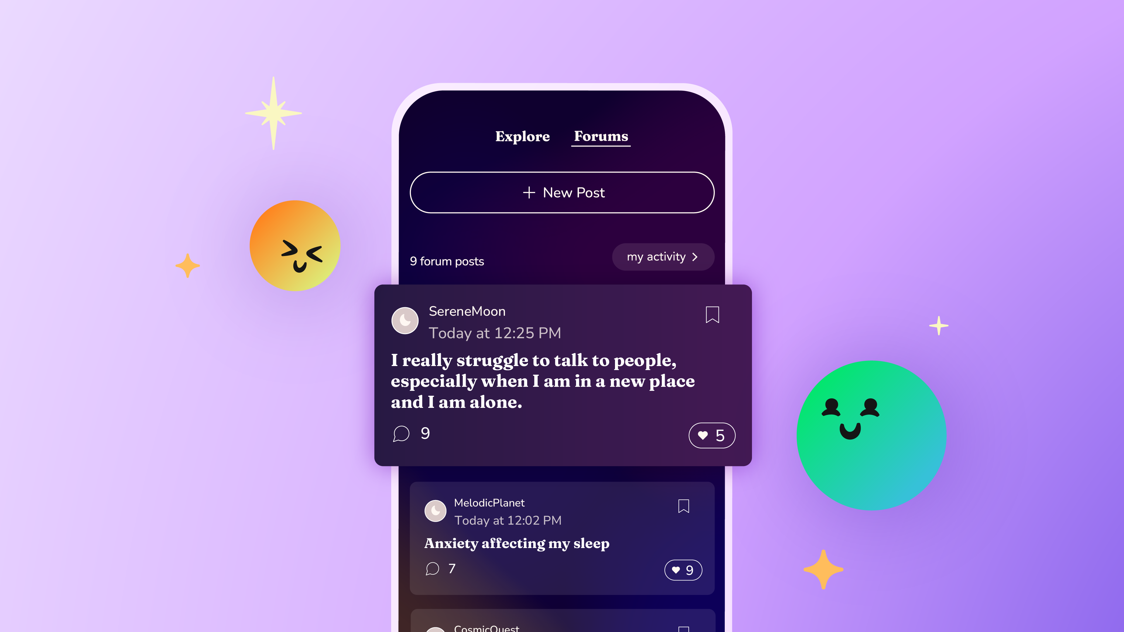 A screenshot of the Soluna app when looking at community forums. This forum post says, "I really struggle to talk to people, especially when I am in a new place and I am alone."