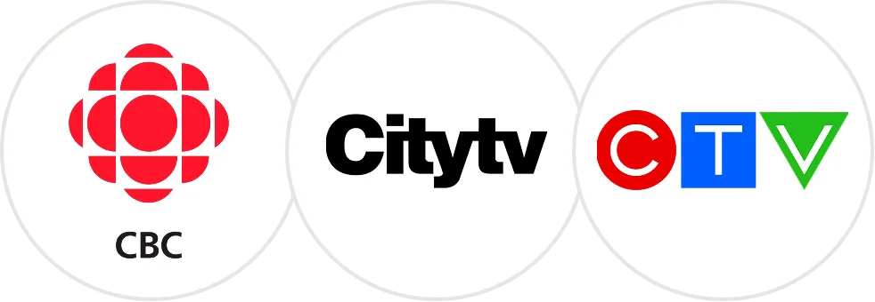 An image showing CBC, Citytv and CTV channel logos.