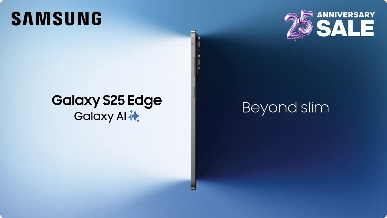 Front and back views of the Samsung Galaxy S25 Edge. A sticker with the words "25th Anniversary Sale"