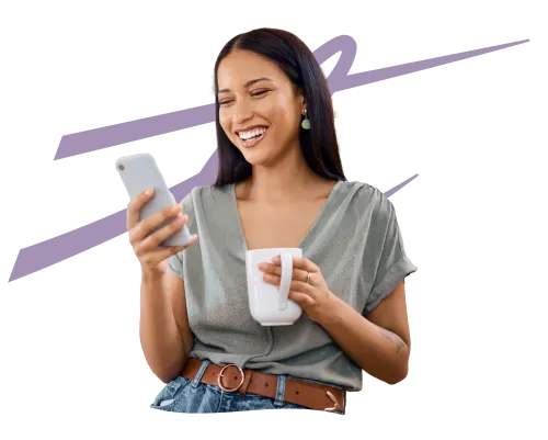 A woman smiles while holding a smartphone in one hand and a coffee mug in the other, with a purple TELUS logo in the background.