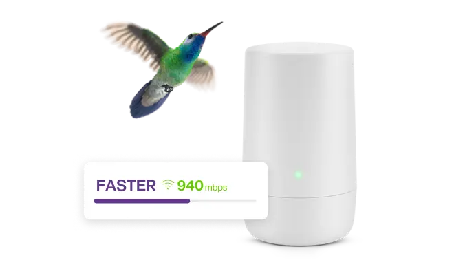 A hummingbird flying toward a TELUS modem. A sticker reads: Faster 940 mbps.