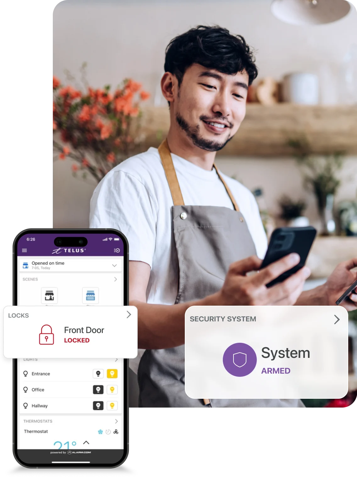 a man on his phone locking up his shop with the TELUS Secure app