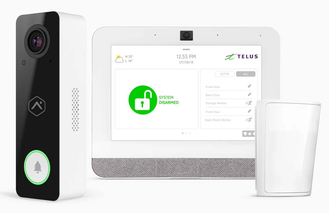 3 security devices: a camera, a control panel, and sensor