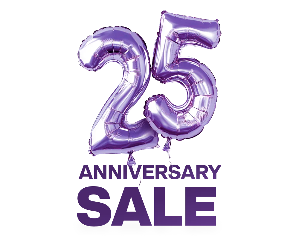 Large, shiny purple balloon numbers form the number 25 float above text that reads "Anniversary Sale".