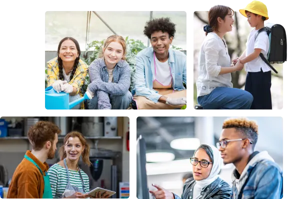A collage: three youths smiling while seated in a garden; A woman holding her child’s hands; two young people interacting; a man and woman studying a computer screen
