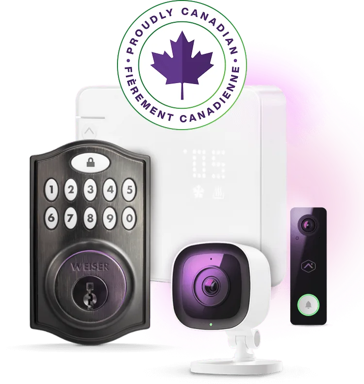 An image showing a woman using her SmartHome security device at home, It also displays various Smart camera models. A maple leaf-shaped badge reads: Proudly Canadian.