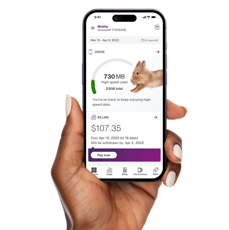 A hand holding a smartphone. The smartphone is displaying the MyTELUS application’s dashboard.