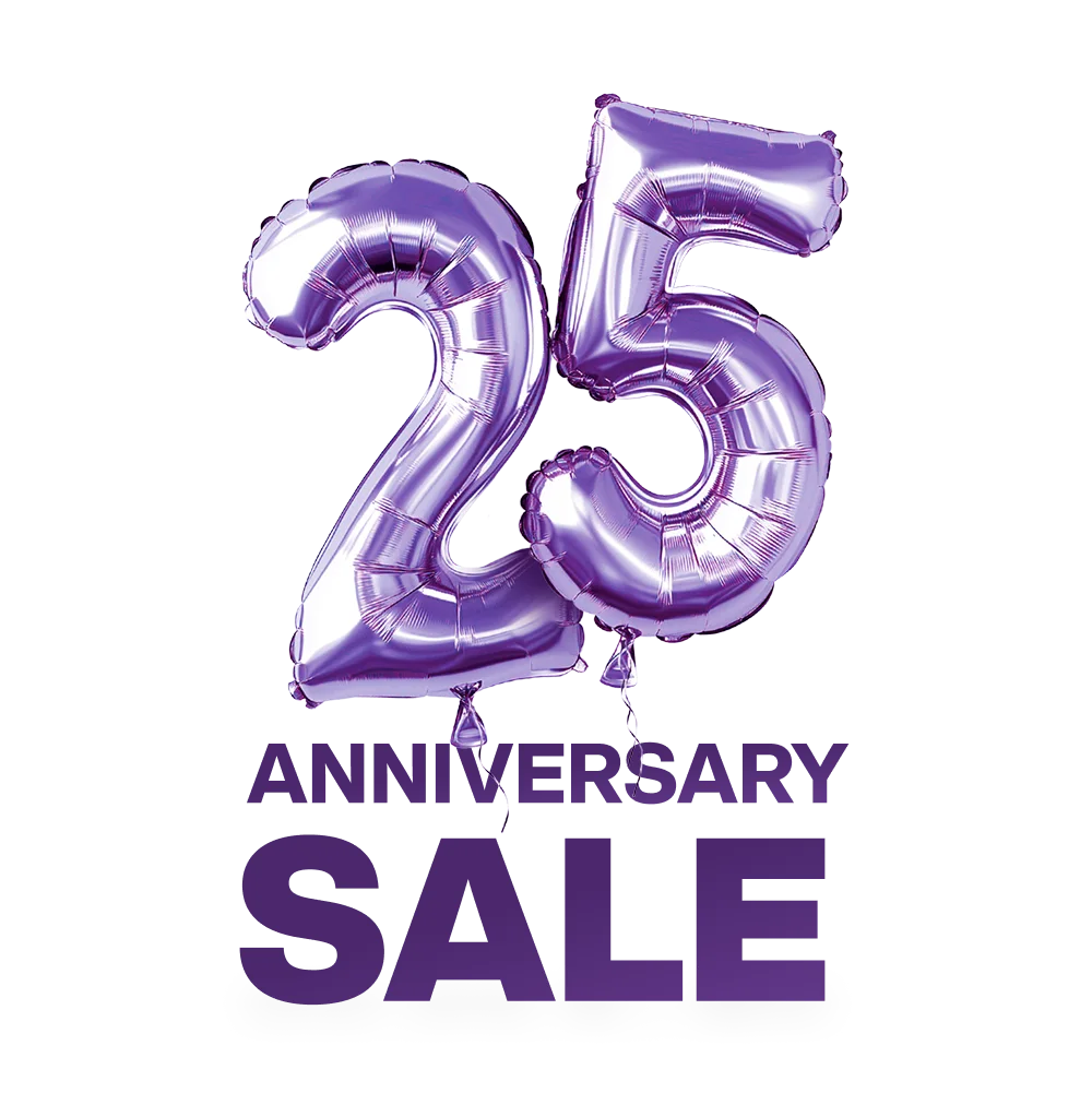 Large, shiny purple balloon numbers form the number 25 float above text that reads "Anniversary Sale".