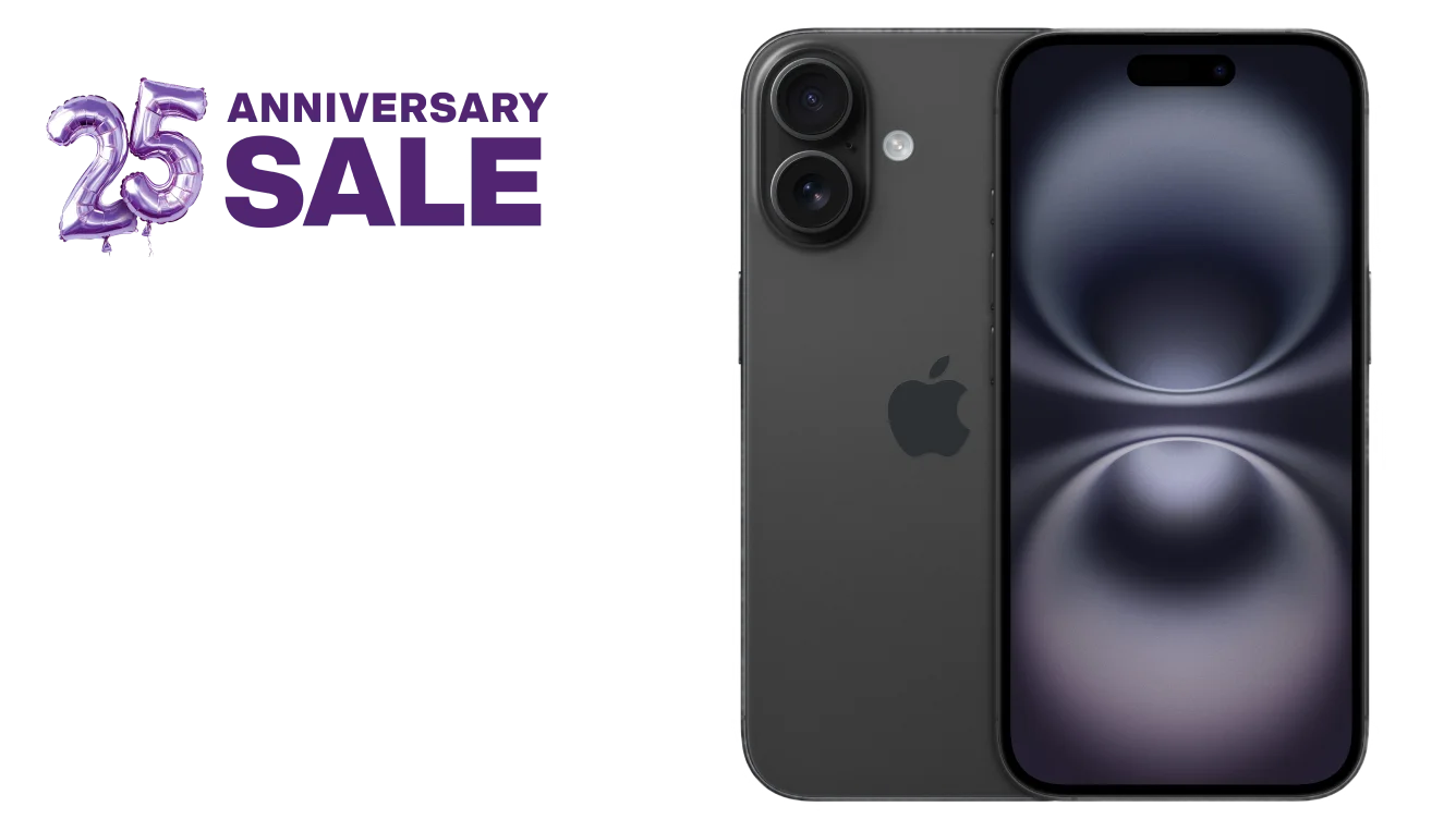 Front and back views of the iPhone 16. A sticker with the words "25th Anniversary Sale"
