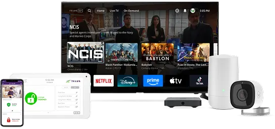 A large TV displaying the TELUS TV+ app. The TV is surrounded by TELUS home services hardware; a WiFi modem, a security camera and devices displaying the SmartHome Security app.