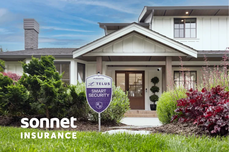 A house with a TELUS Smart Security sign at the front and the words “Sonnet Insurance”.