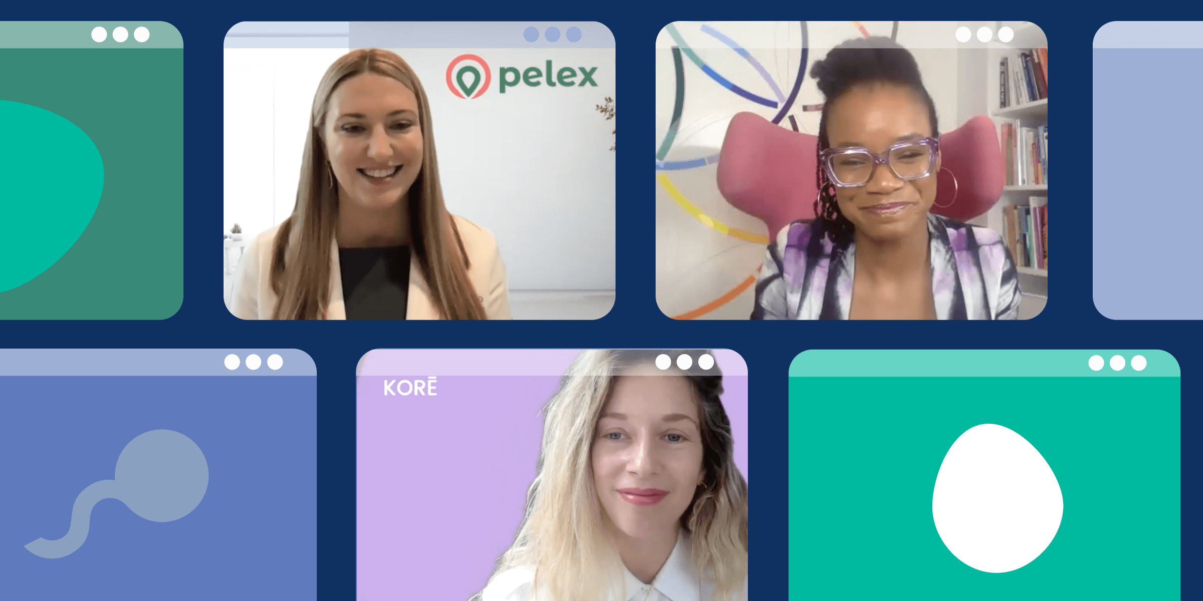 Three video call windows with three different women working in the femtech and fertility fields