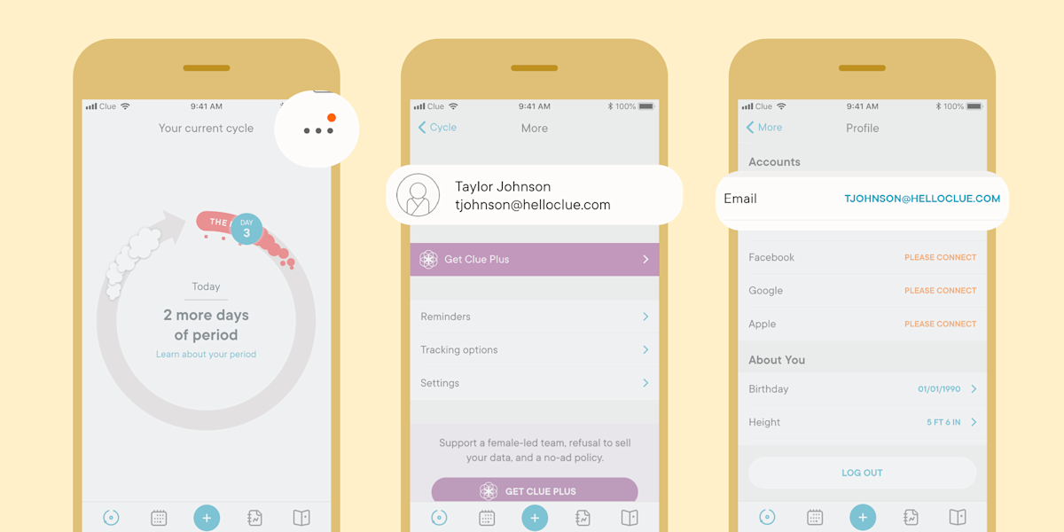 Screenshots showing how to edit your personal information such as birth control, birthday, height, and weight in the Clue app.
