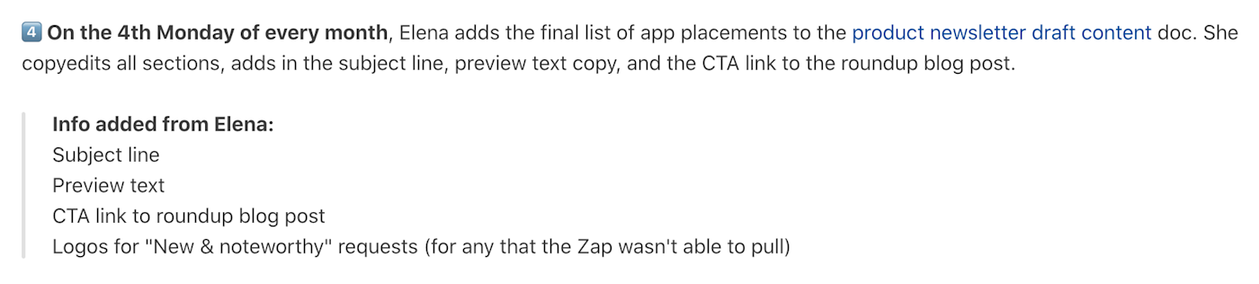 Elena's simple documentation for sending the product newsletter at Zapier