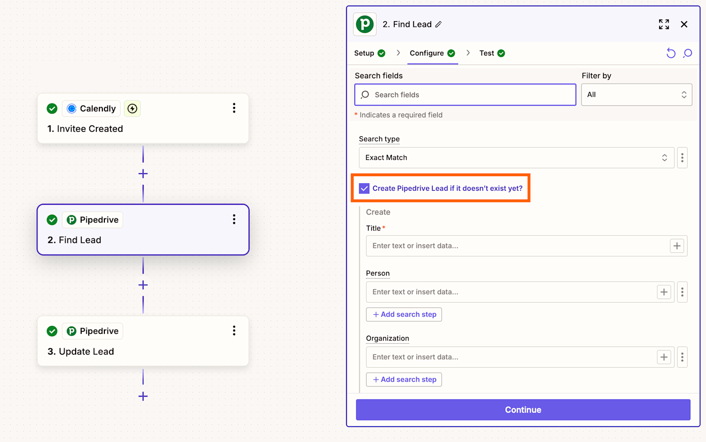 An automated workflow highlighting the "Find Lead" step in Pipedrive.