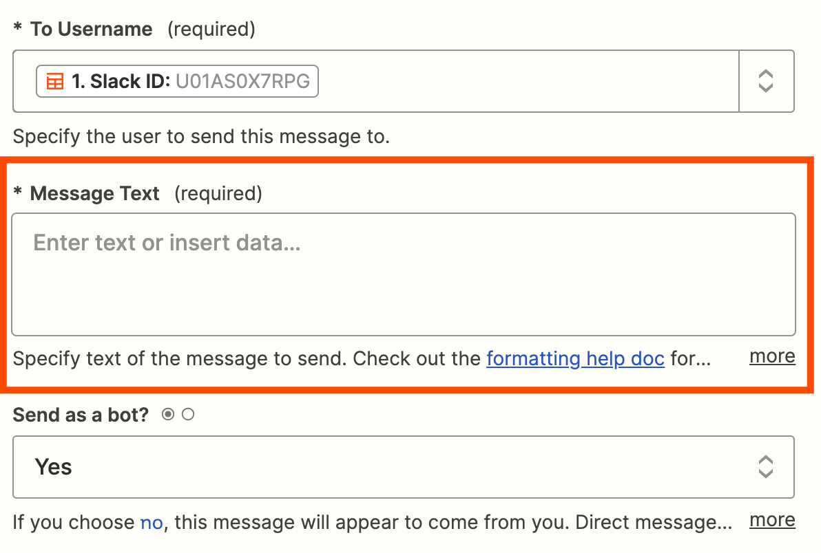 Screenshot of message field in zap